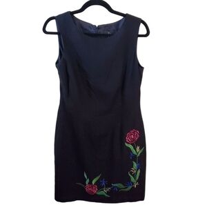 John Roberts Vintage Black Linen Blend Floral Embroidered What Dress Size 8P